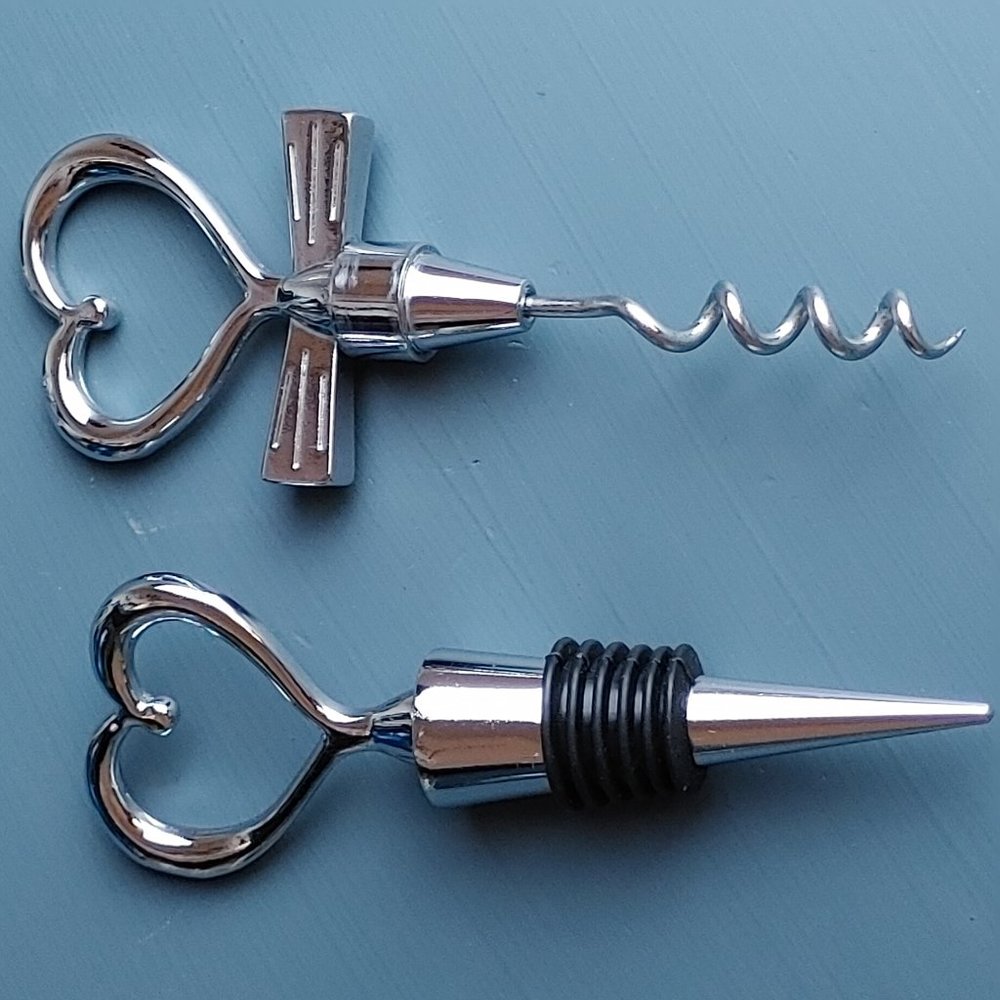 Two Piece Stainless Steel Hearts Barware Set Includes Stopper and Corkscrew